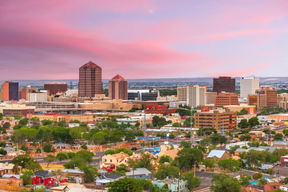 Aerial view of Albuquerque, New Mexico at sunset.